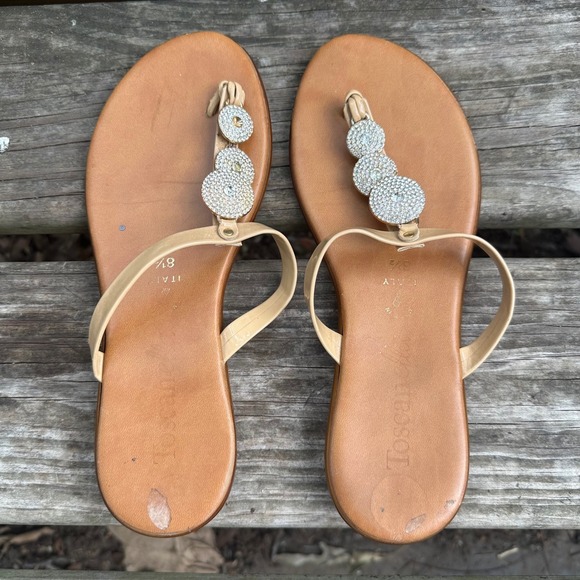 Toscanella Shoes - Toscanella Italian Tan Leather Rhinestone Flat Thong Sandals Brown Sz 8.5 Resort